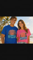 Vintage Sunset Palm Beach T-Shirt | Retro Surf Waves Tee