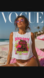 Beach Queen Cat Graphic Crop Top | Tropical Flamingo Bubblegum Retro